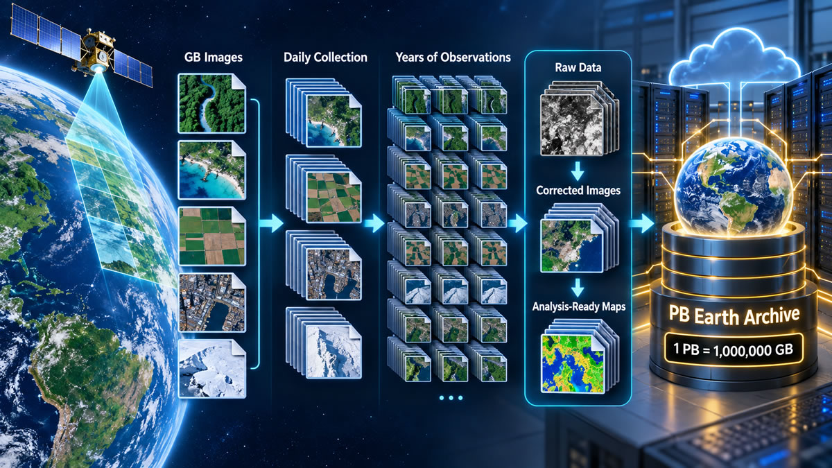 Diagram showing gigabyte-sized satellite observations accumulating into a petabyte-scale Earth archive