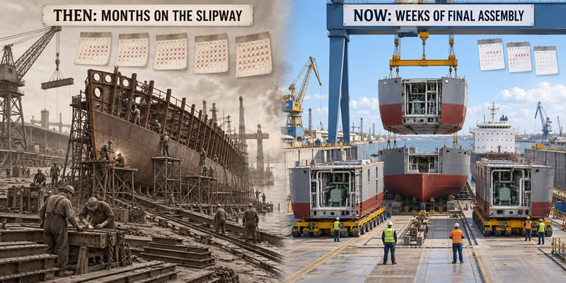 Traditional shipbuilding taking months on a slipway compared with modern modular final assembly completed in weeks.