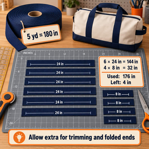 Five yards of strap material converted to 180 inches and divided into 24-inch and 8-inch straps