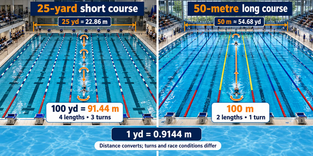 Comparison of a 25-yard short-course swimming pool and a 50-metre long-course pool with converted distances and turn counts