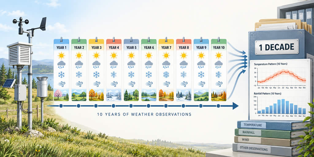 Weather station collecting ten years of observations and combining them into one decade of climate data