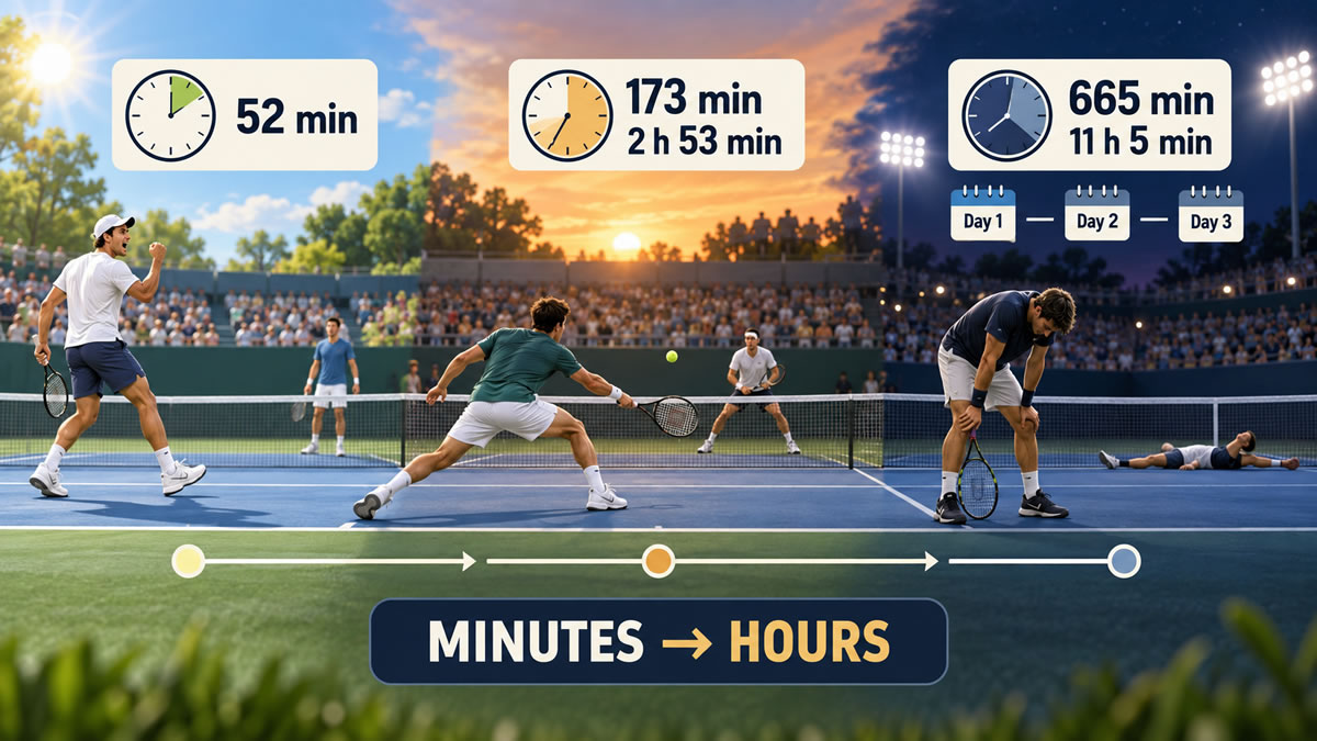 Tennis match durations compared as 52 minutes, 2 hours 53 minutes and 11 hours 5 minutes