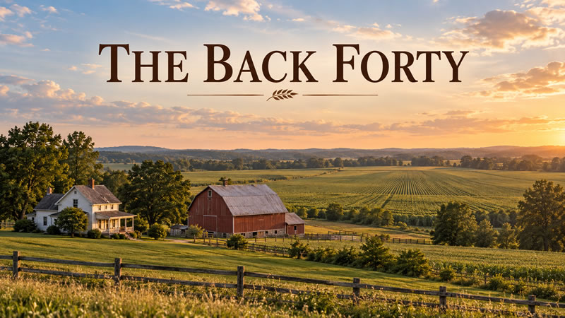 Illustration of a farmhouse and barn with a remote area of agricultural land labelled the back forty