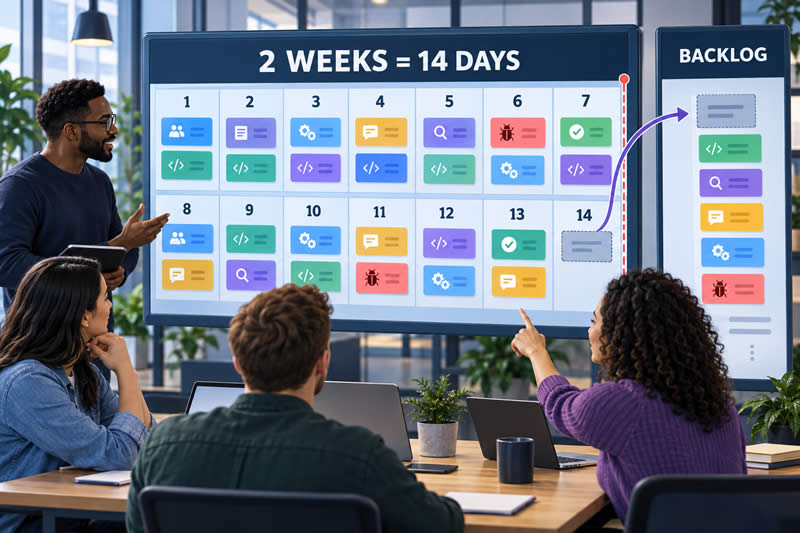 Software team dividing a two-week Sprint into 14 days of coding, testing, reviews and bug fixing