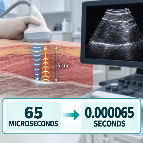 Ultrasound pulse travelling to a tissue boundary five centimetres deep and returning in approximately 65 microseconds