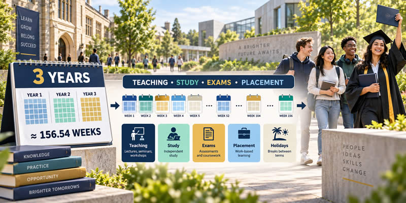 Three-year university degree converted into approximately 156.54 weeks of teaching, study, exams, placements and holidays