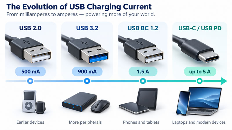 Timeline comparing USB power currents from 500 milliamperes to as much as 5 amperes