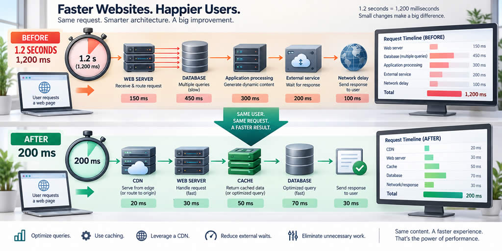 Before-and-after diagram showing an illustrative web server response improving from 1.2 seconds or 1,200 milliseconds to 200 milliseconds