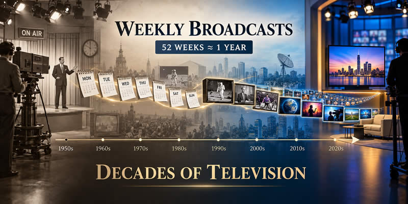 Timeline showing weekly television broadcasts developing from a 1950s studio into decades of modern television
