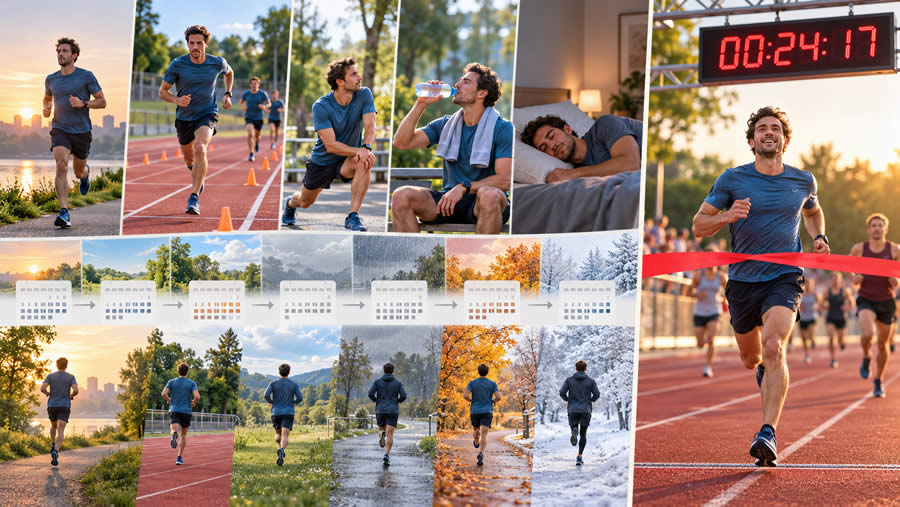 Runner progressing through weeks of training, recovery and changing weather before completing a race measured in minutes