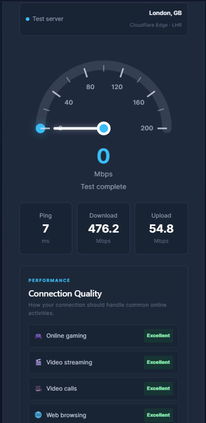 Wi-Fi speed test displaying the measured download speed